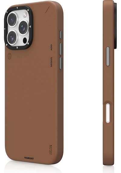 Apple Uyumlu iPhone 15 Pro Kılıf Magsafe Özellikli Basit Mat Deri Desenli Youngkit Tech Fashion Serisi Kahverengi Kahverengi