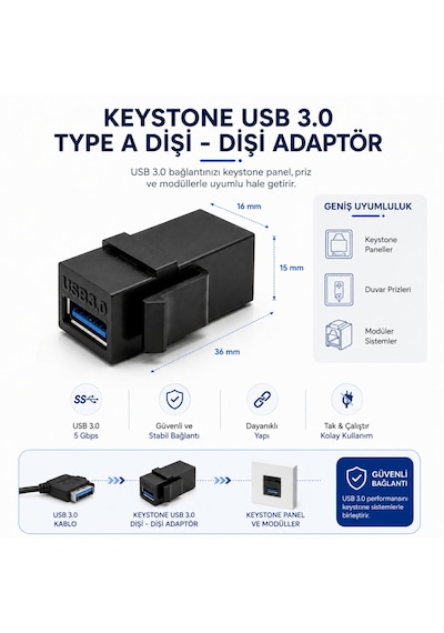 Alfais 6088 Usb 3.0 A Dişi To Dişi Keystone Jack Adaptör Çevirici Uzatma Dönüştürücü Ara Bağlantı