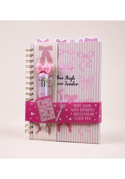 Pembe Fiyonk Temalı 4 Bölmeli Çizgili Defter & 10 Renkli Tükenmez Kalem Kırtasiye Seti