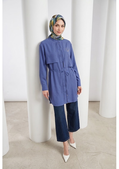 Armine Trend Aller Detaylı Beli İpli Çiçek Desen İşlemeli Tunik İndigo 26yt407