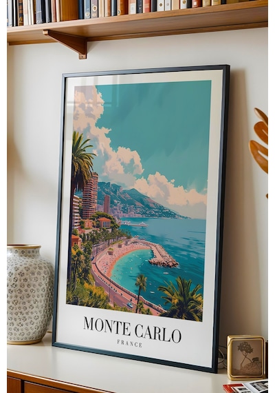 Monte Carlo France Vintage Seyahat Posteri Çerçeveli Tablo - Premium Akdeniz Elit Duvar Dekoru Siyah