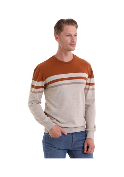 Hatemoğlu Bej Comfort Fit Desenli Pamuklu Bisiklet Yaka Casual Triko Kazak Bej