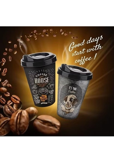 2&apos Li Coffee House Desenli Kahve Bardağı Takımı 2 X 400 Ml - Kahverengi Pipet Girişli Kapaklı İçecek Bardağı Paketi Açık Ahşap