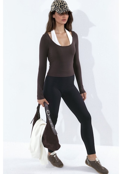 Hiccup Halter Yaka Pedli Örme Spor Bluz Kahverengi