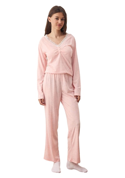 Ersefa Kadın Melanj Dantelli Uzun Kollu Pijama Takımı Fonksiyonel Dayanı Pembe