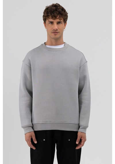 Vamos Basic Bisiklet Yaka Oversize Sweatshirt Gri