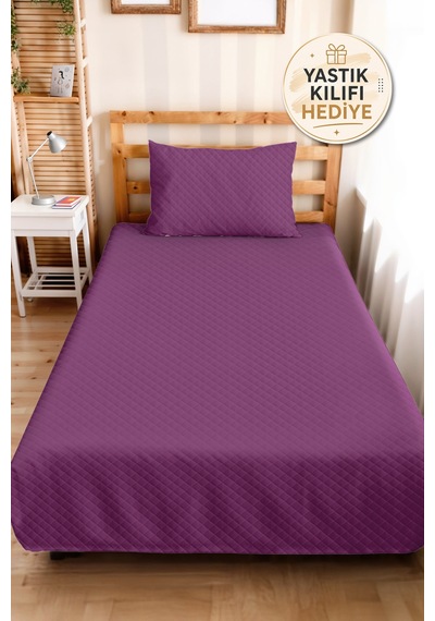 Mor Kapitone Genç Odası Tek Kişilik Pike Takımı - Düz Modern Mürdüm 160x220 Cm Kapitone Yatak Örtüsü Puslu Bulut Buharı