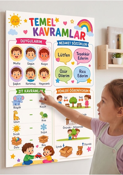 4'lü Okula Hazırlık Eğitici Çocuk Tablo Seti, Alfabe, Sayılar, Saat, Vücudumuz Ve Temel Kavramlar Montessori Öğrenme Panosu