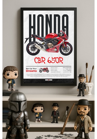 Honda Cbr 650r Siyah Ahşap Çerçeveli Poster, Dekoratif Motosiklet Duvar Tablosu