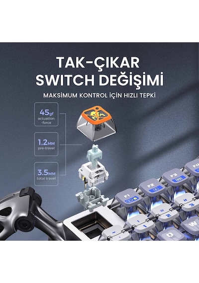 Gravastar Mercury K1 Pro Rgb Kablosuz Mekanik Gaming Klavye, Alüminyum Çerçeveli, İngilizce Q, Uzay