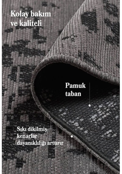 Bohem Tarz Geometrik Desenli Pamuk Taban Antrasit Renk Şönil Kilim