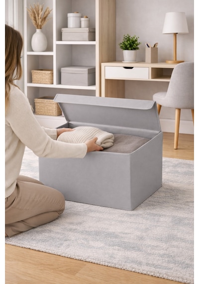 Serstil Orta Boy Kapaklı Kutu Hurç Kıyafet Battaniye Saklama Kutusu Organizer 50x40x30 Cm - Gri