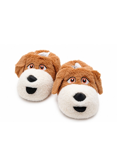 Modafocus Sevimli Köpek Figürlü Sessiz Kaydırmaz Taban Peluş Unisex Ev Pandufu Sevgili Kombin Terliği Kahverengi