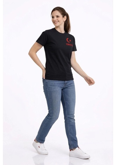 Moda Kadın Türkiye Ay Yıldız Baskılı Taraftar Forma T-shirt - Siyah Çok Renkli
