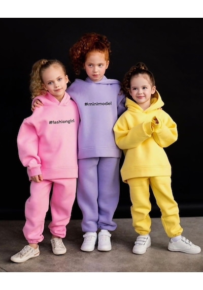 Kız Çocuk Nakışlı Slogan Hashtag Oversize Alt Üst Takım Kapüşonlu 3 İplik Şardonlu Açık Pembe