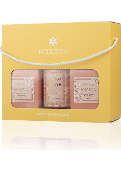 Nurxos 9684 Akasya Kutulu 2 Adet Kokulu Mum + Freshener Oda Spreyi