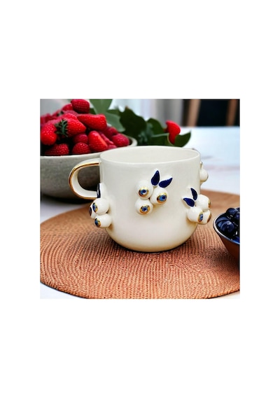 24 Ayar Altın Dekorlu Nazar Kabartmalı El Yapımı Mug Evil Eye Cup 300 Ml Beyaz - Çok Renkli