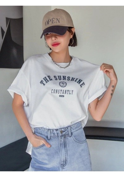 Flood Of Style Kadın Beyaz The Sunshine Baskılı Bisiklet Yaka Oversize T-shirt