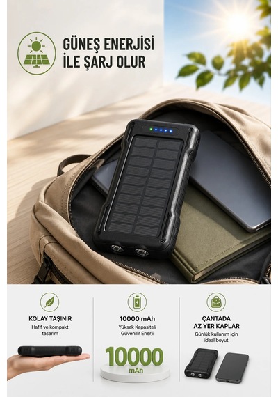 Exenar - Siyah - Güneş Enerjili Powerbank Kendinden Kablolu Solar Taşınabilir Şarj Aleti Çift Led Fenerli 10.000 Mah