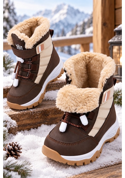Muggo Peak İçi Kürklü Cırtlı Ve Bağcıklı Unisex Çocuk Kar Botu Kahverengi