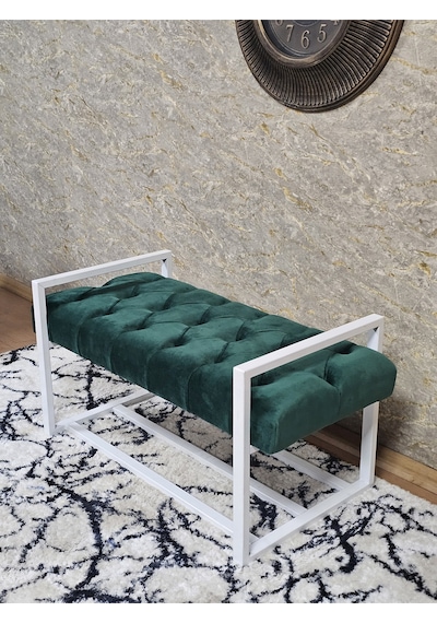 Zafir Beyaz Boyalı Metal 80 Cm Puf Bench - Antre Puf - Hol Bench - Puf - Oturak - Bench Yeşil