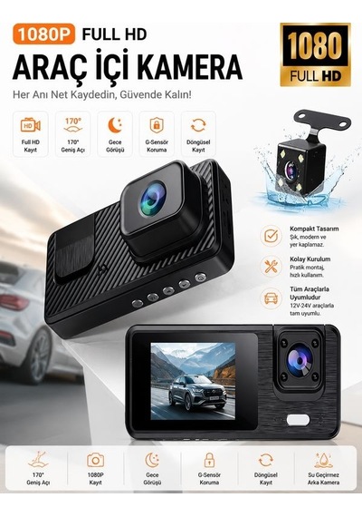 Wi-fi App Destekli 1080p 3 Kameralı Araç İçi Araba Kamerası Gece Görüşü & 140 Geniş Açı Dvr