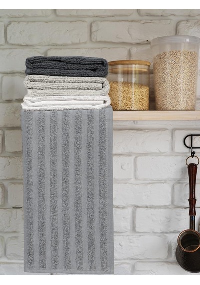 Mutfak Havlu Şal Seti 4 Lü Ramla Softline Çizgili Dokuma Renkli - 40x65 Cm Antrasit - Krem