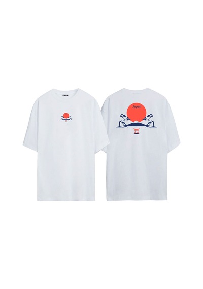 Thewert Unisex Japan Ağaç Ve Ay Ön Arka Baskılı Beyaz Oversize T-shirt