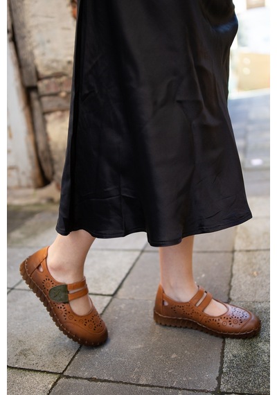 Venüs 2010728 Eren Shoes&bag Hakiki Deri Çift Bantlı Cırtlı Saraç Taba