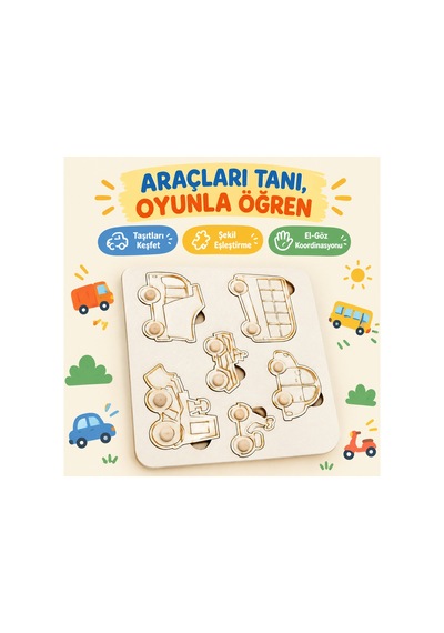 Ahşap Kara Araçları Şekiller Eğitici Çocuk Bulmaca 21x30 Cm Seti Eğlenceli Oyun Eğitici Set