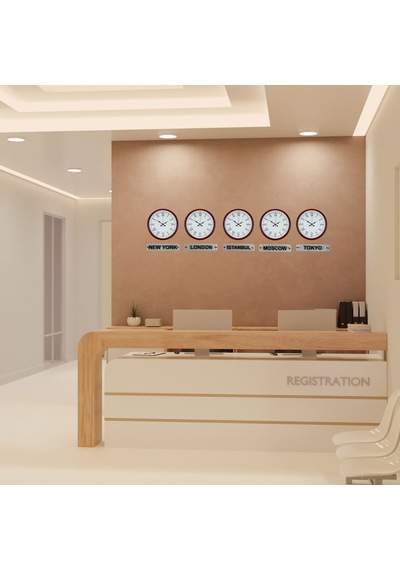 Elite Kırmızı 36 Cm 5 Li Tabelalı Dünya Saatleri Otel Ve Resepsiyon Saati