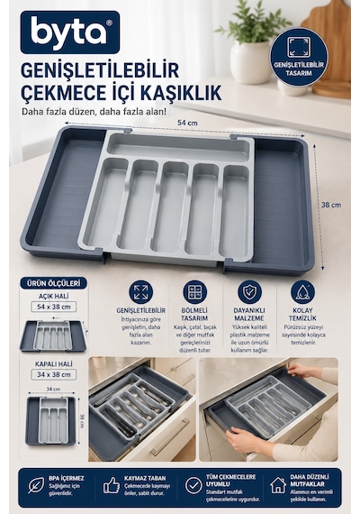 Genişletilebilir Çekmece İçi Kaşıklık Organizer 34x38 - 54x38 Cm Ayarlanabilir Bölmeli Kaşık Çatal Bıçak Düzenleyici Gri
