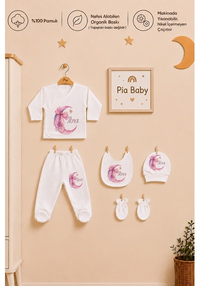 Pia Baby Kız Bebek 6 Parça Zıbın Seti %100 Pamuk İsim Baskılı Kişiye Özel Battaniyeli Hastane Çıkışı 1068bz0x Ekru