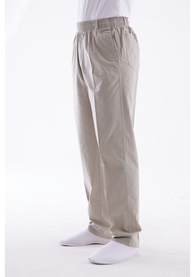 Beratnur Erkek Açık Bej Rahat Kesim Beli Lastikli Bağcıklı Keten Pantolon