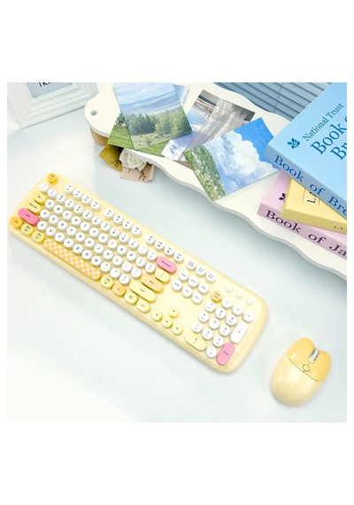 Geezer Zero Kablosuz Klavye Mouse Seti 2.4g Retro Daktilo Yuvarlak Tuşlu 104 Tuş Renkli Set Optik