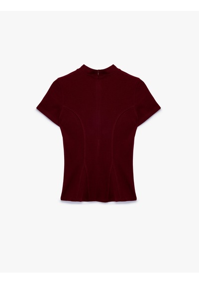 Koton Slim Fit Dokulu Dik Yaka Kısa Kollu Peplum Bluz Bordo 7wak50107ek