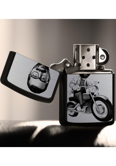 Kişiye Özel Bay Motorcu Karikatürlü Benzinli Siyah Metal Çakmak -