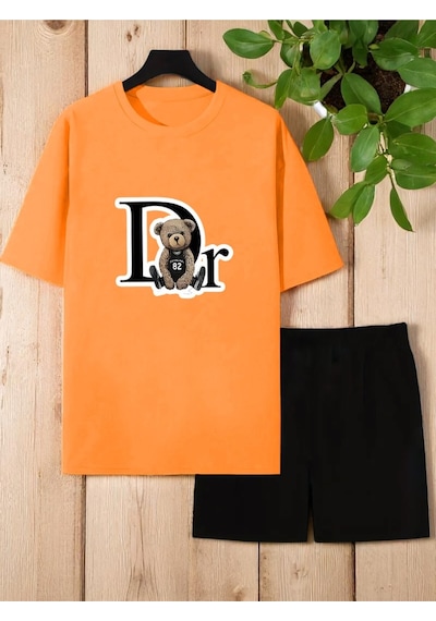 Uyguntarz Unisex Dr. Ayı Tasarım Basklı Tshirt Şort Takımı Turuncu
