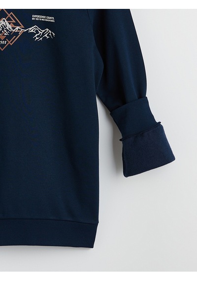 Lcwaıkıkı Classic Lacivert Bisiklet Yaka Baskılı Erkek Kalın Sweatshirt
