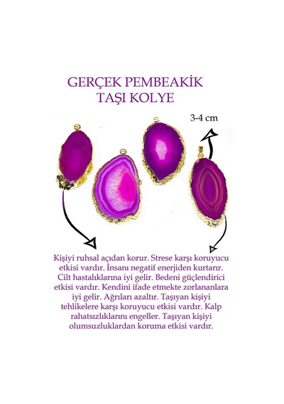 Erilsa Sertifikalı Ham Pembe Akik Taşı Plaka Kolye - 24k Altın Kaplama Çok Renkli