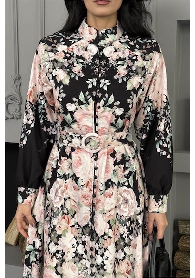 Neşeli Butik Kadın Siyah Çiçek Desenli İthal Kumaş Tam Düğmeli Kemerli Tasarım Elbise Nbms25115 Siyah Neşeli Butik Kadın Siyah Çiçek Desenli İthal Kumaş Tam Düğmeli Kemerli Tasarım Elbise Nbms25115 Siyah