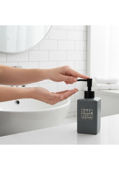 500ml Seramik Sıvı Sabunluk, Mat Taş Dokulu Ve Kare Tasarım, Siyah Pompalı Banyo Ve Mutfak Dete Asorti