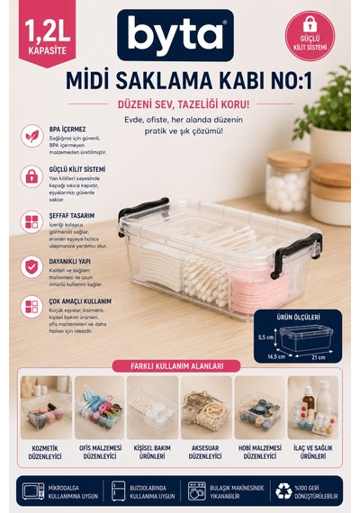 1,2 L Kilitli Kapaklı Çok Amaçlı Saklama Kabı Şeffaf Plastik Organizer Kutu Şeffaf