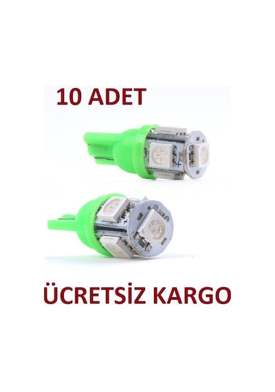 10 Adet Yeşil Dipsiz T10 Led Araç Park-İç Lambası Ampülü Canbus