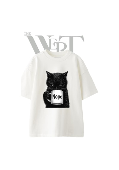 Thewert Nope Kedi Tasarım Baskılı Ünisex Beyaz Oversize T-shirt