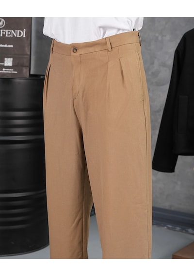 Modefendi Baggy Kalıp Pile Detaylı Kumaş Pantolon Camel