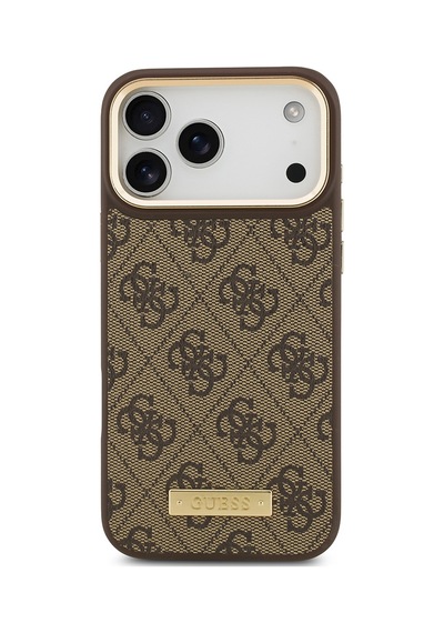 Apple Uyumlu iPhone 17 Pro Max Kılıf Guess Lisanslı M-safeli 4g Desenli Pu Metal Plaka Klasik Logolu Kahverengi Kahverengi