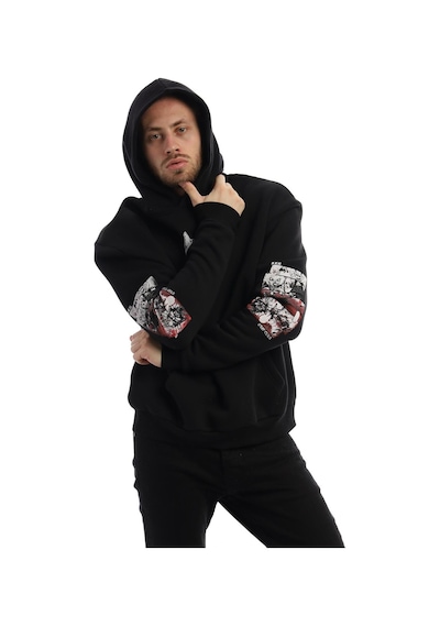 Polostate Erkek Kitsune Anime Girl Baskılı 3 İplik Kapüşonlu Sweat Siyah