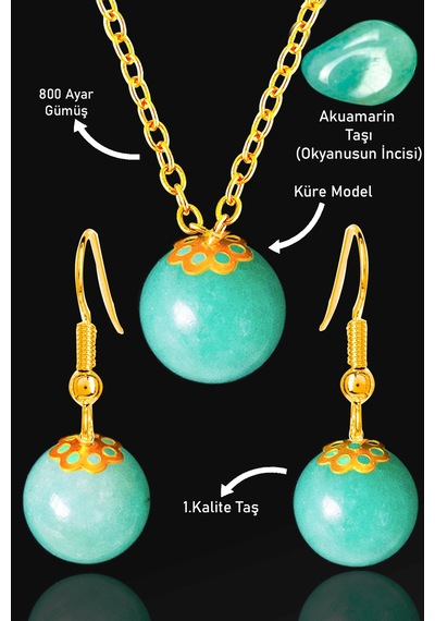 Sertifikalı Gold Küre Model Akuamarin Taşı Kolye Ve Küpe Seti - G Çok Renkli