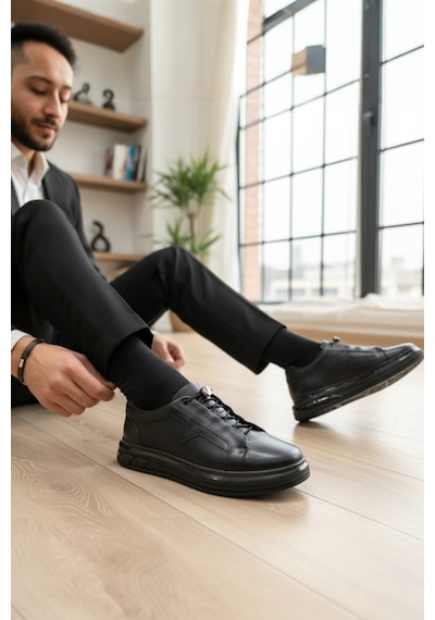 Enoch Hakiki Deri Yıldız Detaylı Günlük Erkek Sneaker Yüksek Comfort Taban Siyah
